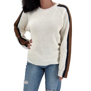 SANCTUARY Sweater Size L Sporty Stripe Pullover Crew Neck Cream w/ Navy Brown